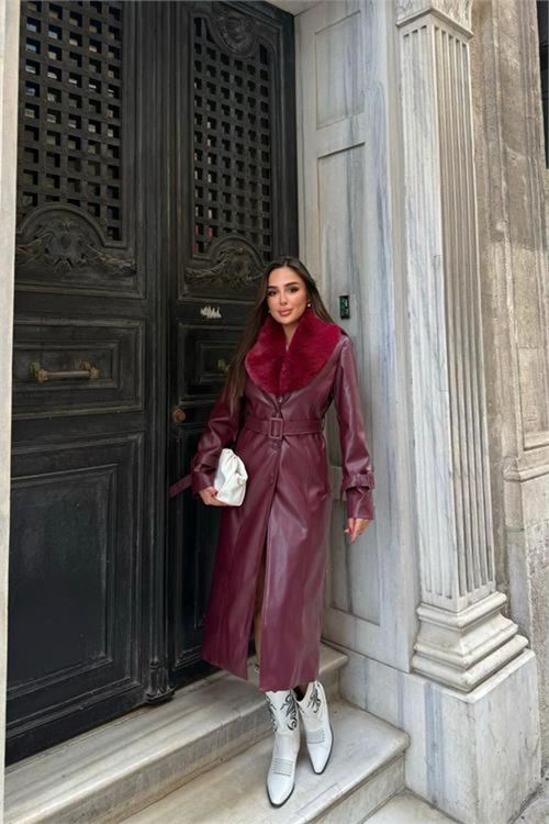 kadın yaka çıkarılabilir kürk detaylı düğmeli deri trençkot NBSTR1001