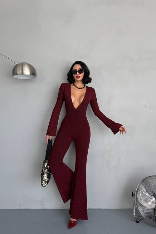 kadın bordo dekolteli novel sim maxi tulum NBDF118