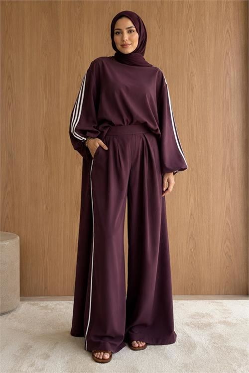 kadın bordo şerit detaylı oversize tunik pantolon ikili tesettür takım NMS102