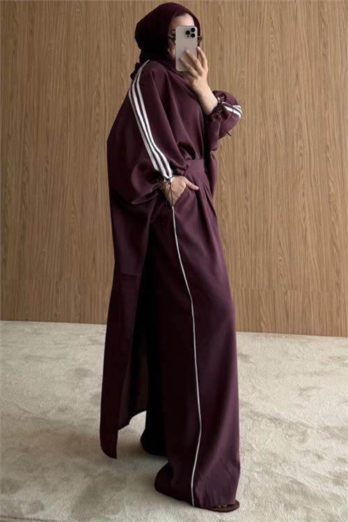 kadın bordo şerit detaylı oversize tunik pantolon ikili tesettür takım NMS102