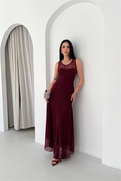 kadın bordo transparan detaylı tam boy astarlı dantel elbise NBK4619