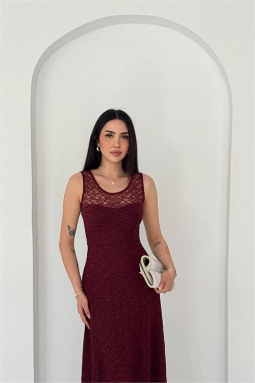 kadın bordo transparan detaylı tam boy astarlı dantel elbise NBK4619