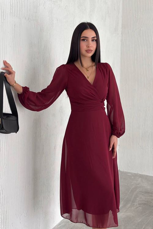 kadın bordo astarlı şifon elbise NBK30281