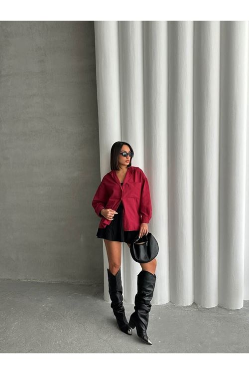 kadın oversize cep detaylı poplin gömlek NBG072
