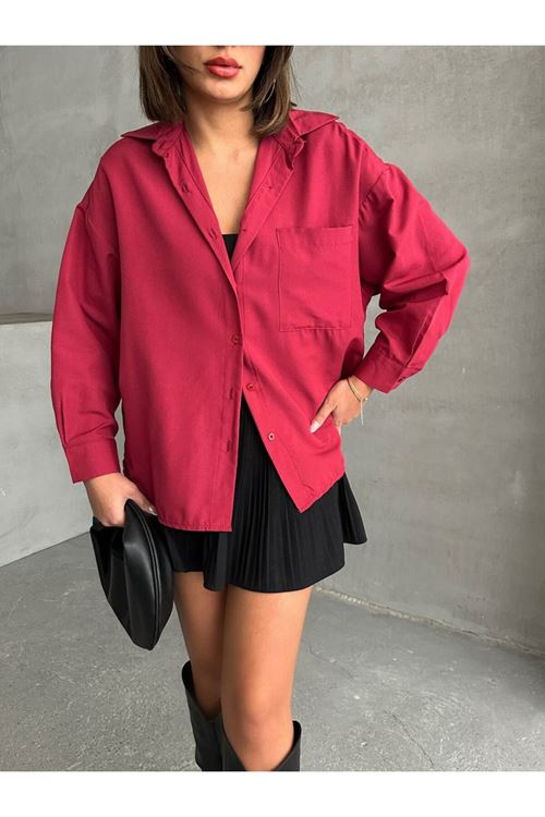 kadın oversize cep detaylı poplin gömlek NBG072