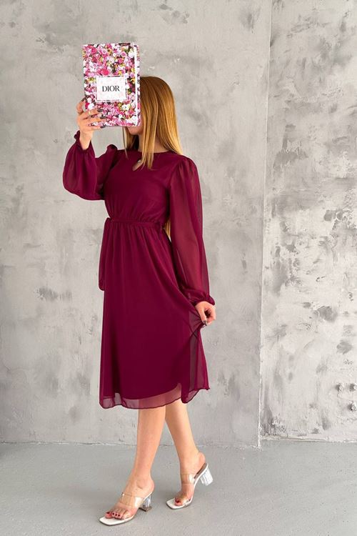 kadın bordo midi boy astarlı şifon elbise NBKKLF2027