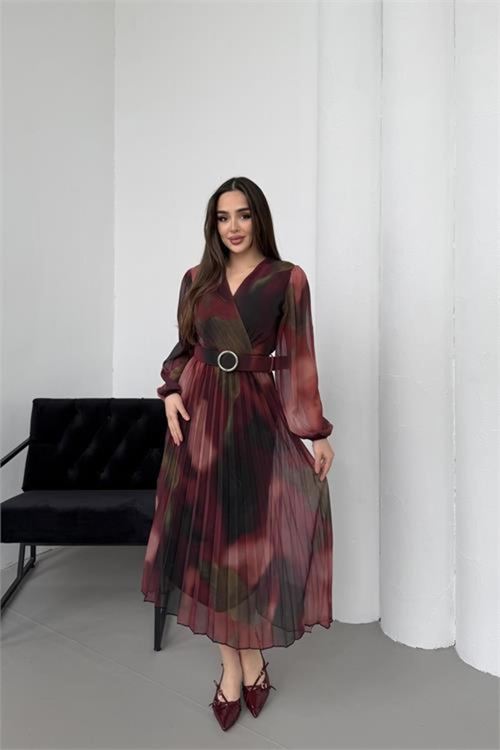 kadın bordo beli kemerli piliseli kruvaze yaka şifon elbise NBELB03