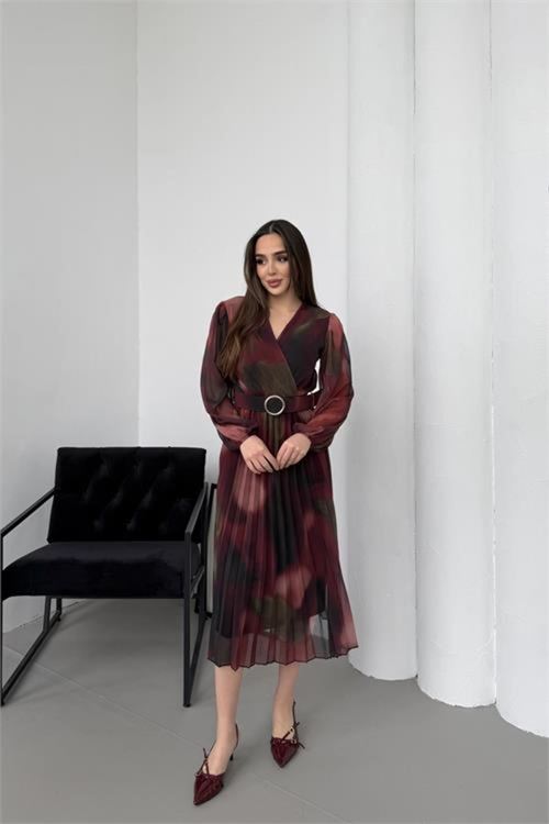 kadın bordo beli kemerli piliseli kruvaze yaka şifon elbise NBELB03