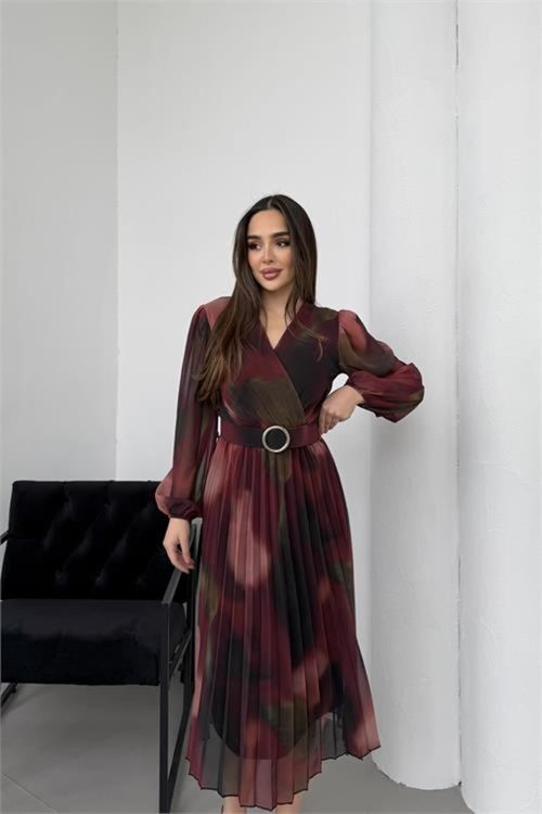 kadın bordo beli kemerli piliseli kruvaze yaka şifon elbise NBELB03
