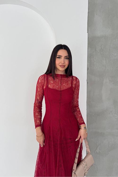 kadın bordo midi boy transparan detaylı astarlı dantel elbise NBK080