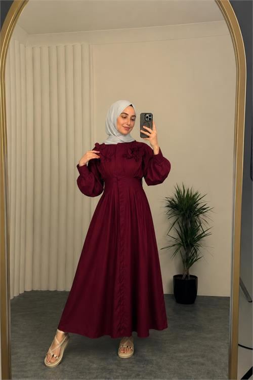 kadın bordo belden oturtmalı çiçek detaylı premium tesettür elbise NBVQ4933