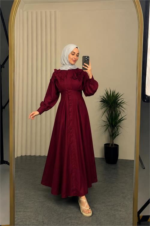 kadın bordo belden oturtmalı çiçek detaylı premium tesettür elbise NBVQ4933