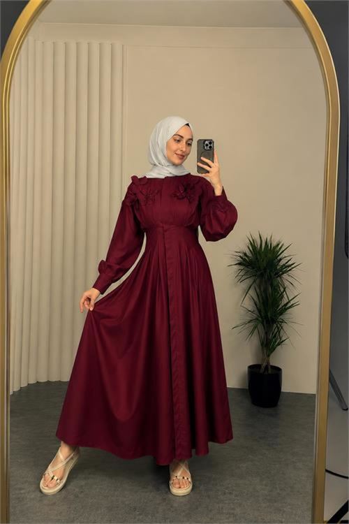 kadın bordo belden oturtmalı çiçek detaylı premium tesettür elbise NBVQ4933
