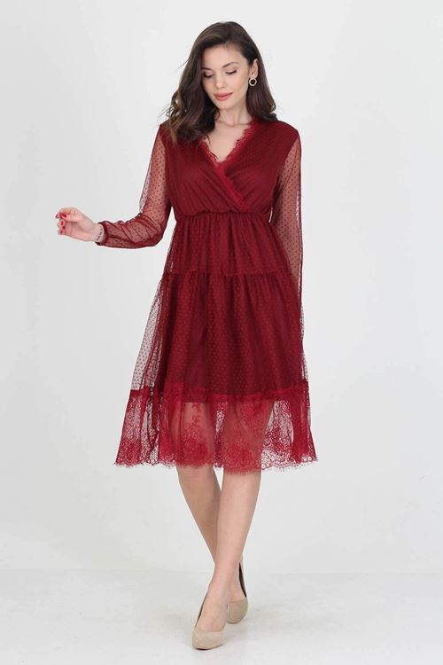Neseli Butik Kruvaze Yaka Eteği Güpür Detaylı Yeni Sezon Elbise Nb0010