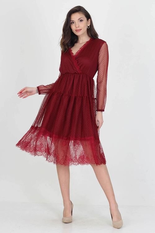Neseli Butik Kruvaze Yaka Eteği Güpür Detaylı Yeni Sezon Elbise Nb0010