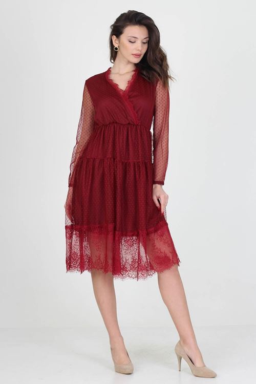 Neseli Butik Kruvaze Yaka Eteği Güpür Detaylı Yeni Sezon Elbise Nb0010