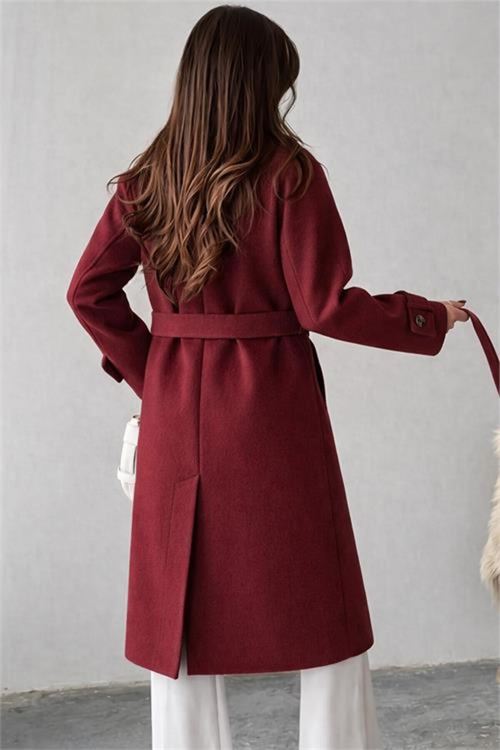 kadın bordo kuşak kemer düğme detaylı astarlı premium kaşe kaban NBG120