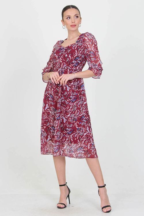 Kadın Bordo Kalp Yaka Desenli Şifon Elbise Ry0030