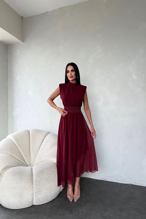 kadın kuşağı taş detaylı midi şifon elbise NBMY3509