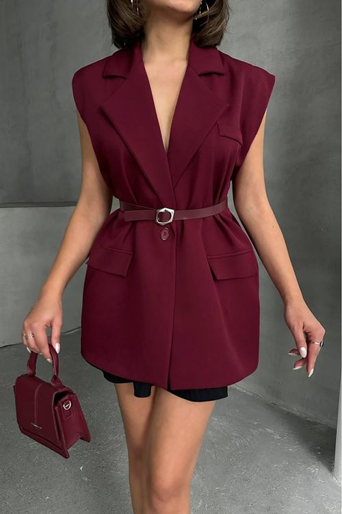 kadın salaş kemerli kolsuz blazer ceket NBG076