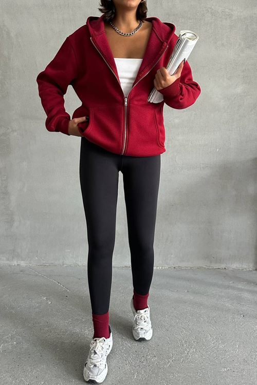 kadın bordo kapuşonlu içi pamuklu sweat NBG030