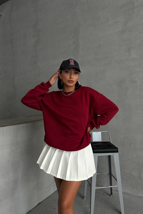 kadın bordo bisiklet yaka pamuklu sweat NBG031