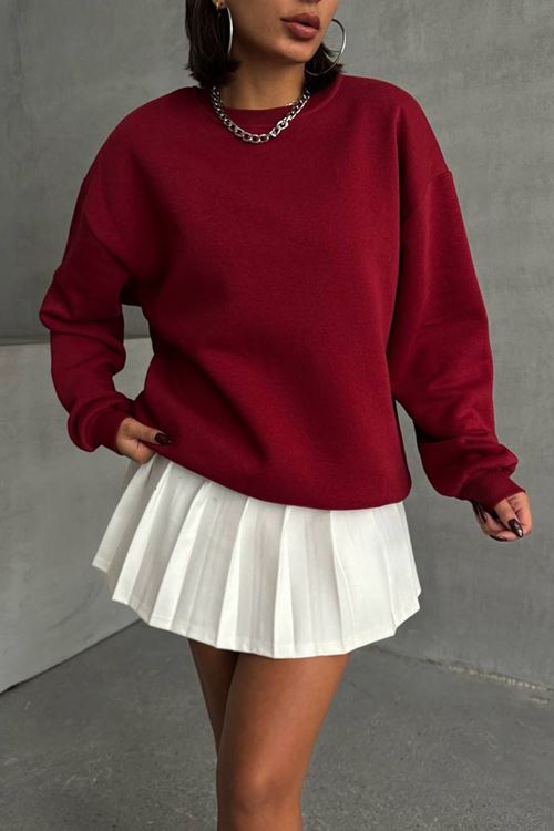 kadın bordo bisiklet yaka pamuklu sweat NBG031
