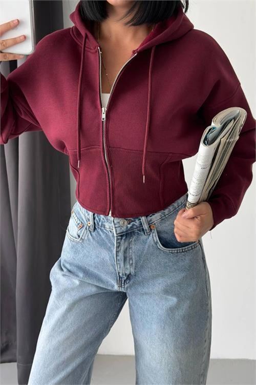 kadın bordo 3 iplik şardonlu kapüşonlu fermuarlı crop sweatshirt NBG6224
