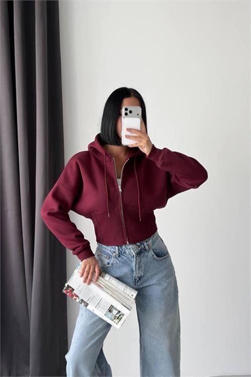 kadın bordo 3 iplik şardonlu kapüşonlu fermuarlı crop sweatshirt NBG6224