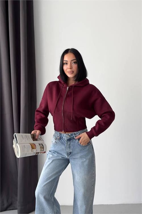kadın bordo 3 iplik şardonlu kapüşonlu fermuarlı crop sweatshirt NBG6224