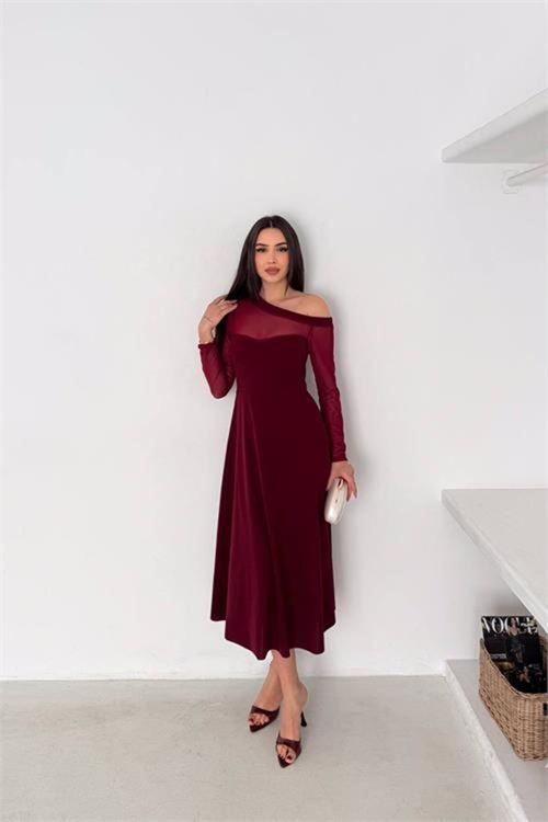 kadın bordo transparan detaylı tek omuz uzun kollu midi boy elbise