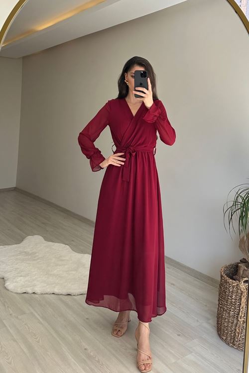 kadın uzun kollu kuşaklı maxi şifon elbise NM001