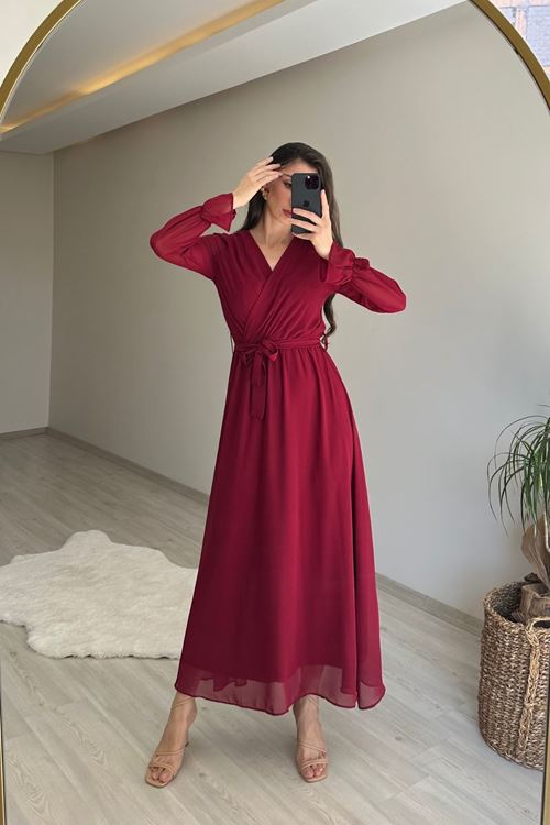 kadın uzun kollu kuşaklı maxi şifon elbise NM001