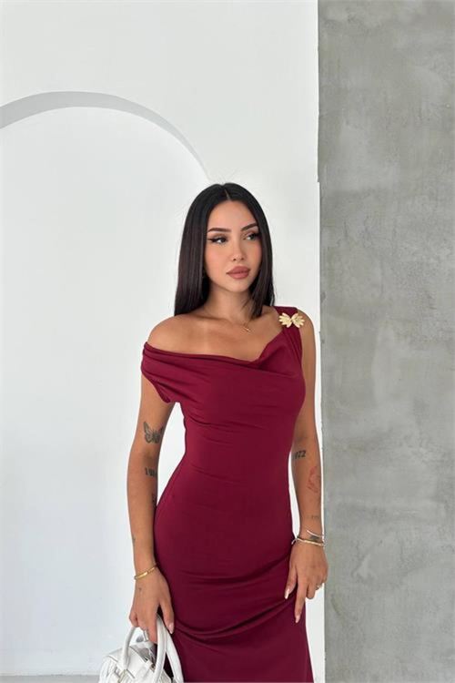 kadın bordo omuz gold toka detaylı midi boy elbise NBK090