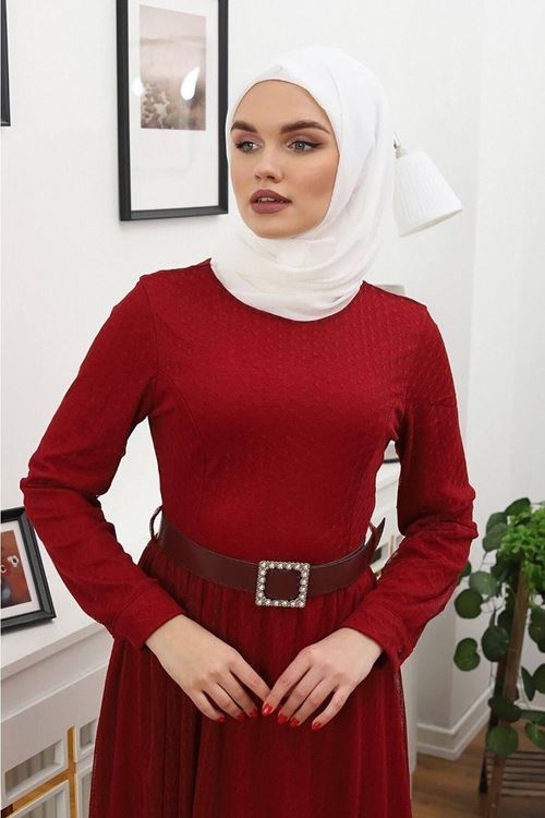 Bordo Tesettür Elbise