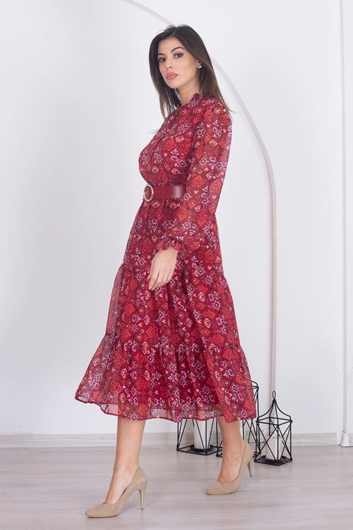 kadın astarlı etnik desenli şifon elbise RSNB002 - Bordo