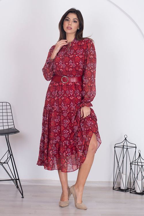 kadın astarlı etnik desenli şifon elbise RSNB002 - Bordo