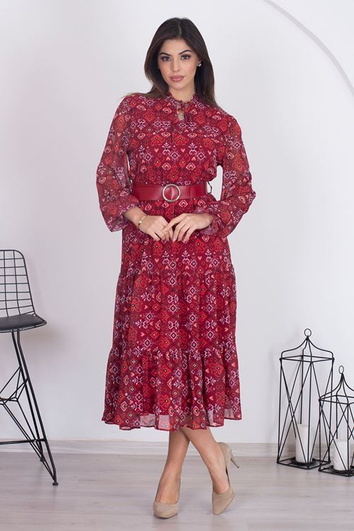 kadın astarlı etnik desenli şifon elbise RSNB002 - Bordo
