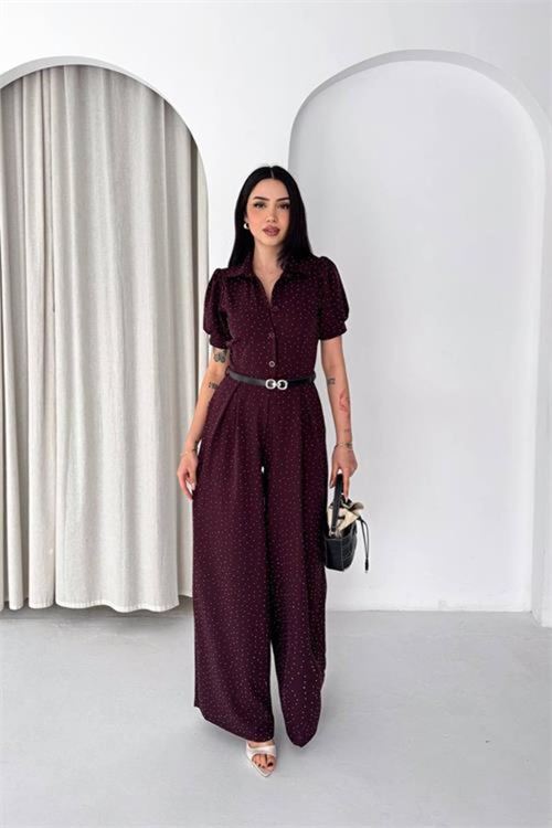 kadın bordo kemer detaylı tam boy taşlı gömlek yaka tulum NBK4592