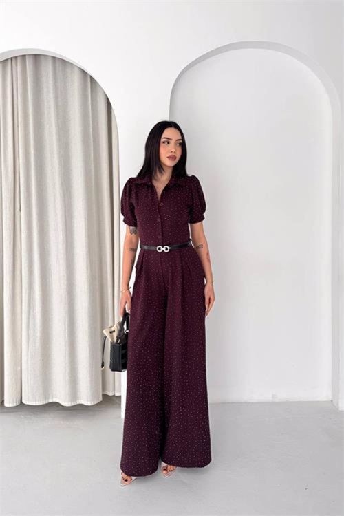 kadın bordo kemer detaylı tam boy taşlı gömlek yaka tulum NBK4592