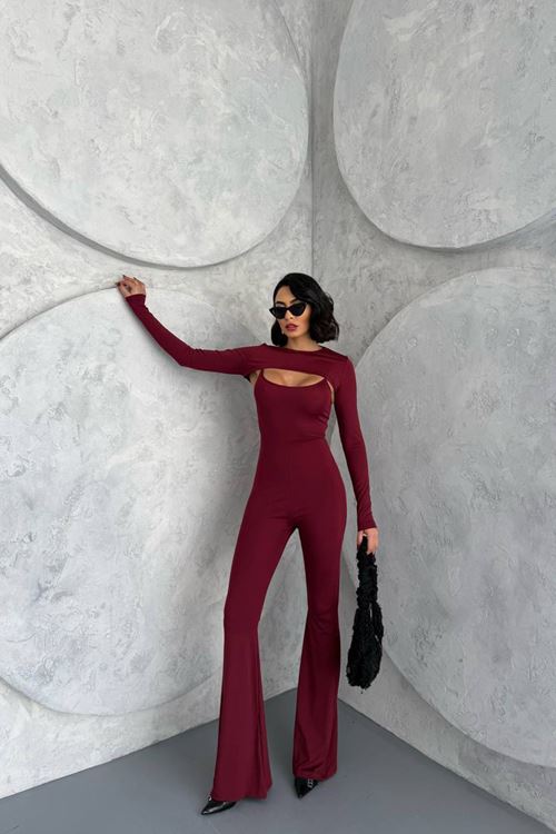 kadın bordo bolero detaylı ispanyol tulum NBDF120