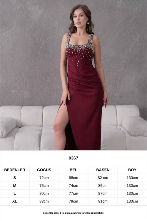 kadın taş detaylı askılı uzun abiye elbise NBS9367