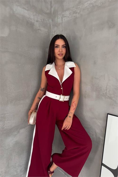 kadın bordo çift renkli kemerli şerit detaylı tam boy kolsuz tulum NBK087