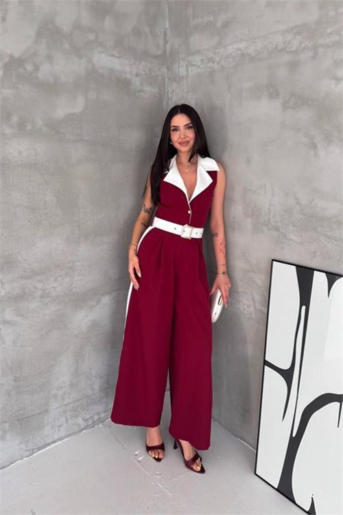 kadın bordo çift renkli kemerli şerit detaylı tam boy kolsuz tulum NBK087