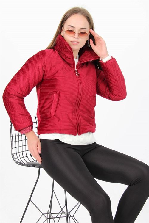 Kadın Bordo Yüksek Yaka Fermuar Detaylı Cepli Kışlık Kadife Mont Nb7154