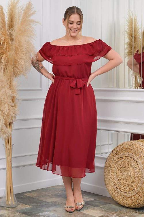 Kadın Bordo Kuşaklı Midi Boy Büyük Beden Şifon Elbise Nb8061
