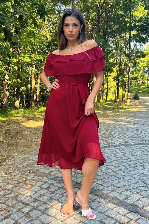 Kadın Bordo Yeni Sezon Kuşaklı Carmen Yaka Şifon Elbise Nb8060