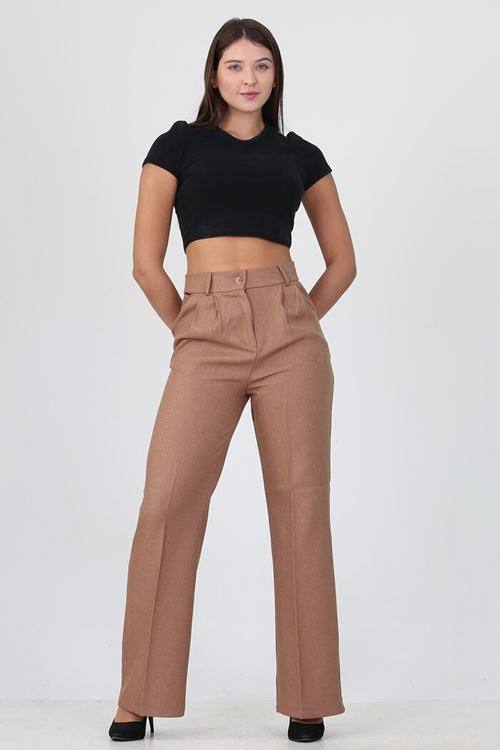 Kadın Camel Yüksek Bel Cepli Palazzo Kumaş Pantalon Ela001