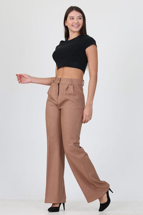 Kadın Camel Yüksek Bel Cepli Palazzo Kumaş Pantalon Ela001