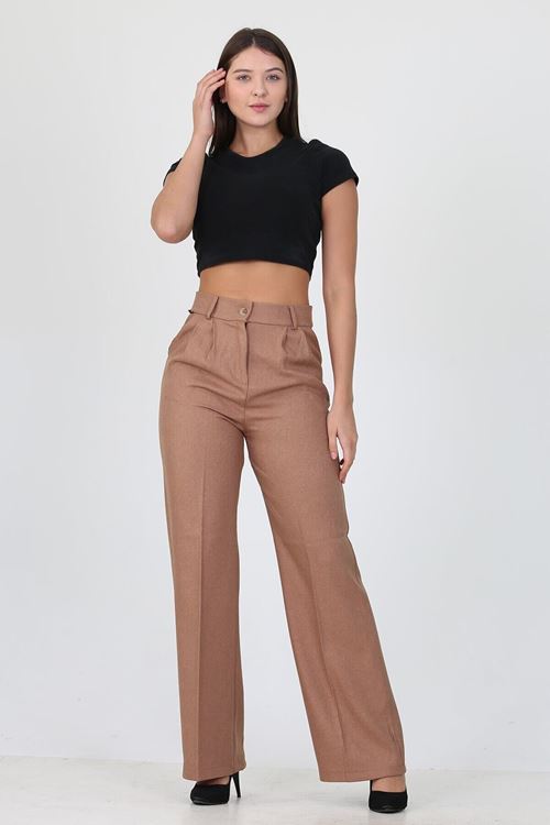 Kadın Camel Yüksek Bel Cepli Palazzo Kumaş Pantalon Ela001
